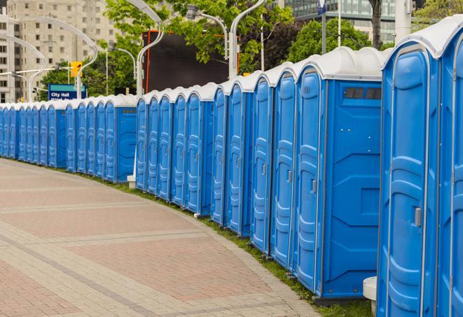 a row of portable restrooms ready for eventgoers in Amlin